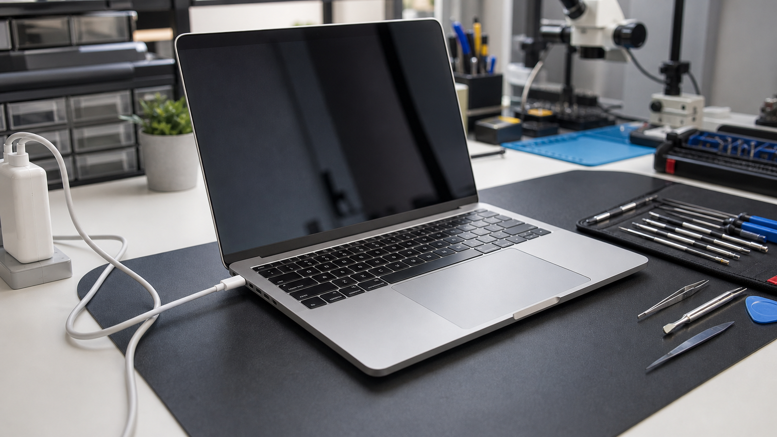 MacBook conectado a un cargador sobre una mesa de trabajo tecnico