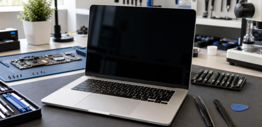 MacBook apagado sobre una mesa de reparacion con herramientas de precision
