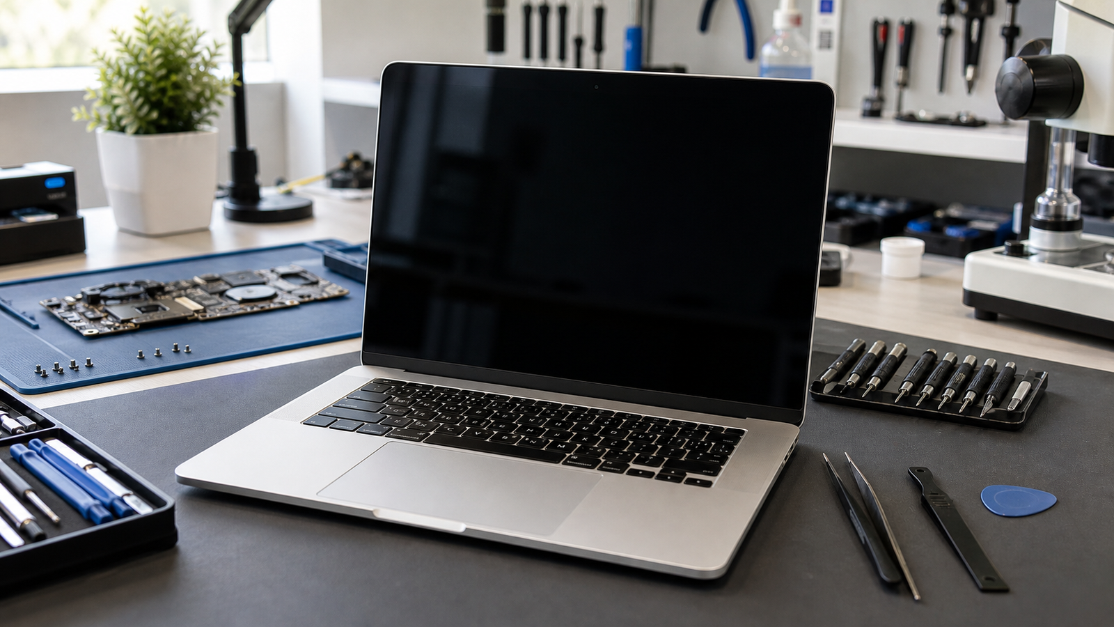 MacBook apagado sobre una mesa de reparacion con herramientas de precision