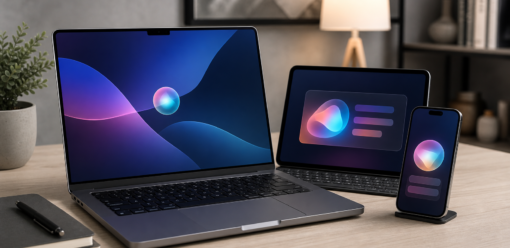 MacBook, iPad y iPhone mostrando interfaces inspiradas en un asistente inteligente