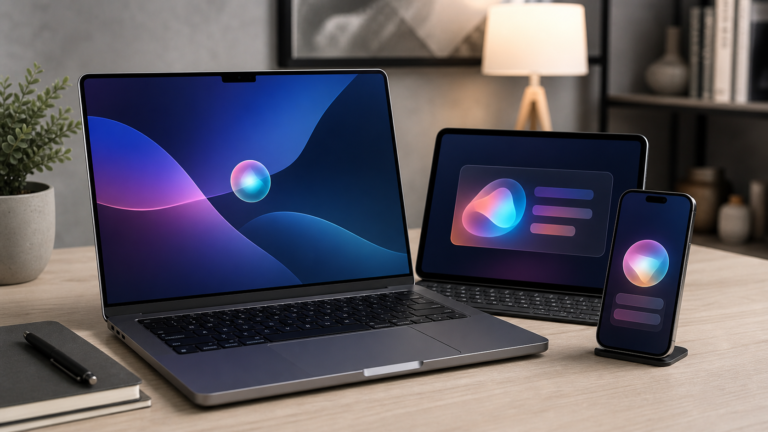 MacBook, iPad y iPhone mostrando interfaces inspiradas en un asistente inteligente