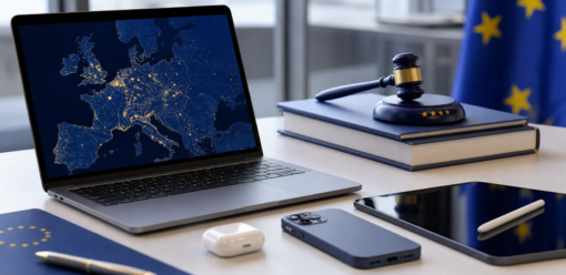 Dispositivos Apple sobre una mesa con tonos europeos de fondo