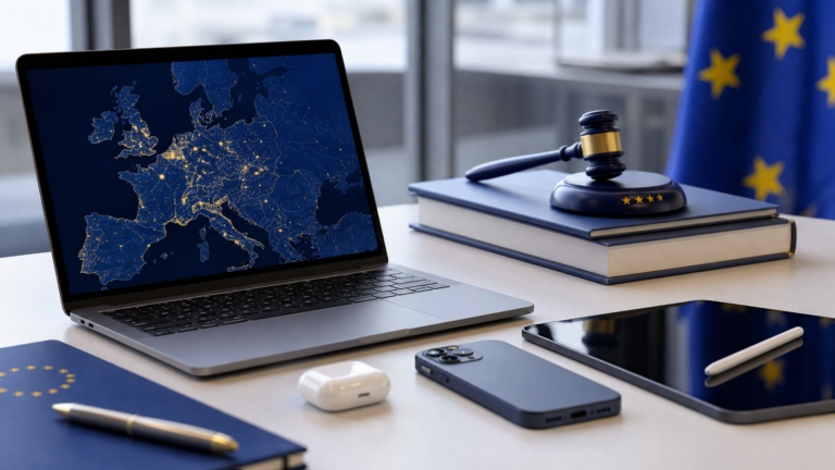 Dispositivos Apple sobre una mesa con tonos europeos de fondo