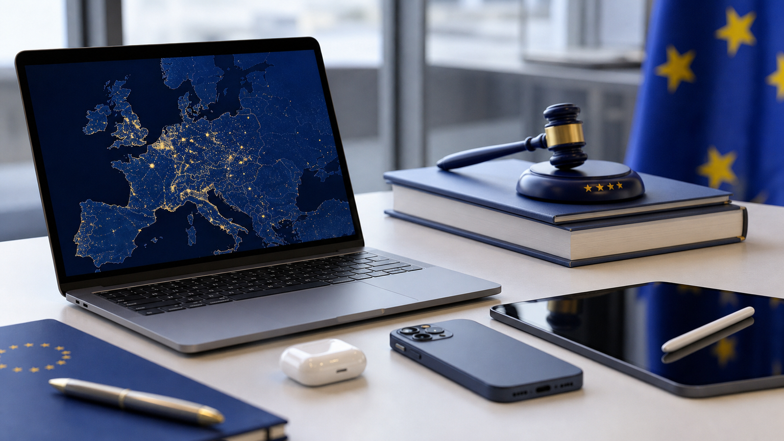 Dispositivos Apple sobre una mesa con tonos europeos de fondo