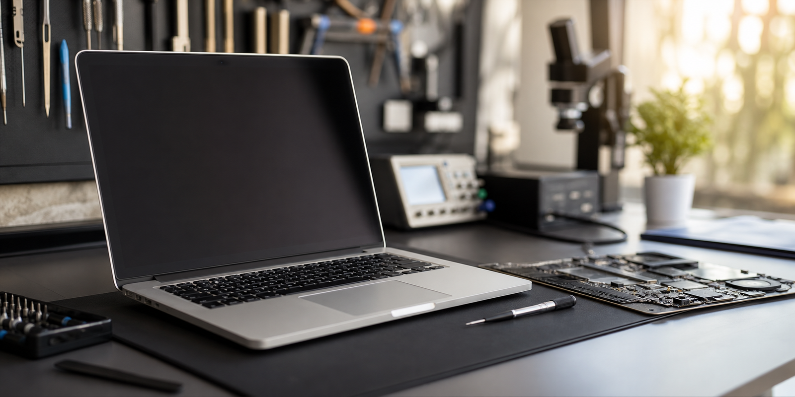 MacBook conectado a un hub USB-C sobre una mesa de trabajo técnica