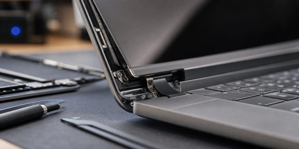 Detalle de la bisagra y borde de pantalla de un MacBook en diagnóstico técnico