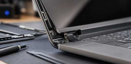 Detalle de la bisagra y borde de pantalla de un MacBook en diagnóstico técnico