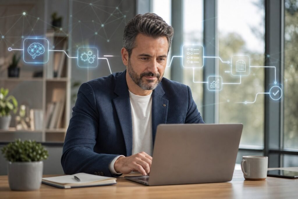 Profesional revisando un panel interno en un portátil, con sensación de automatización y control de datos en una pyme