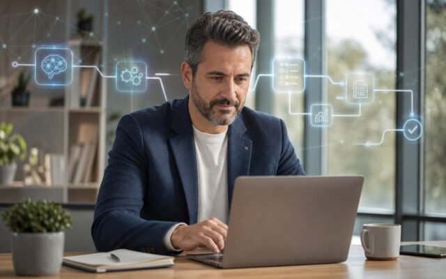 Profesional revisando un panel interno en un portátil, con sensación de automatización y control de datos en una pyme