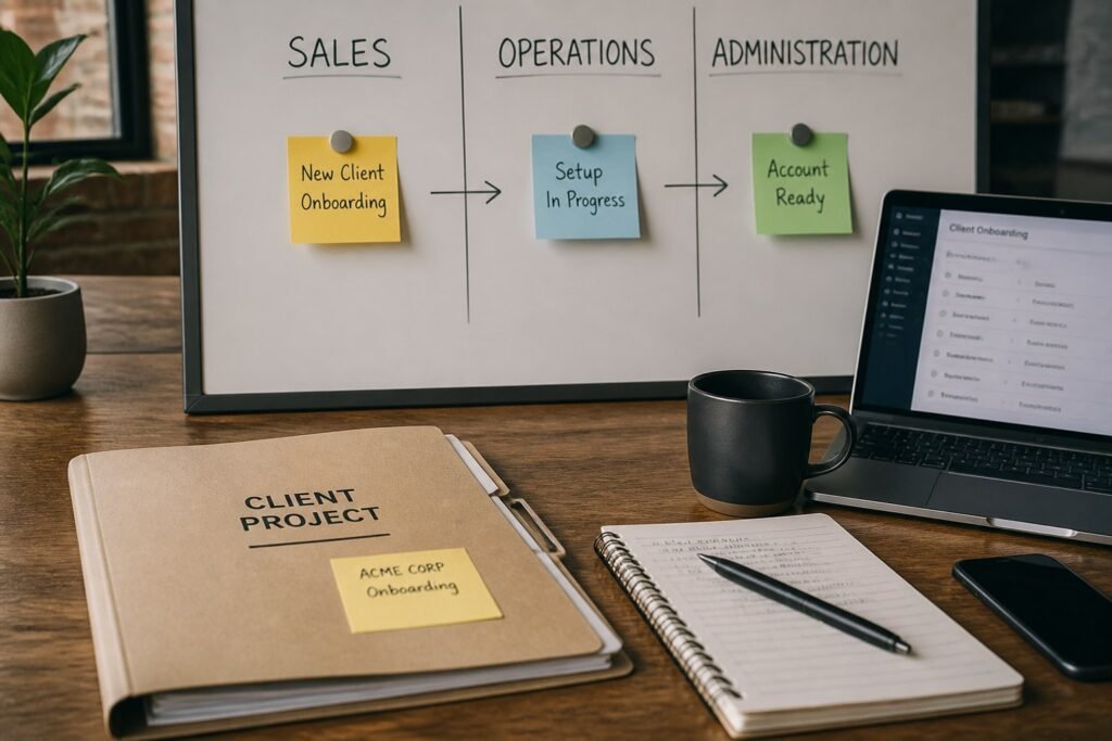 Panel de flujo de trabajo con traspaso entre ventas, operaciones y administración en una pyme