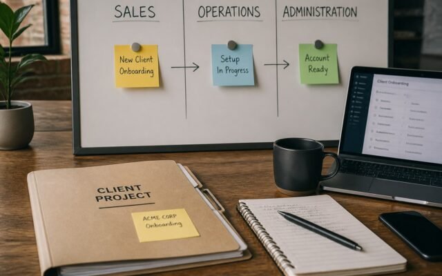 Panel de flujo de trabajo con traspaso entre ventas, operaciones y administración en una pyme