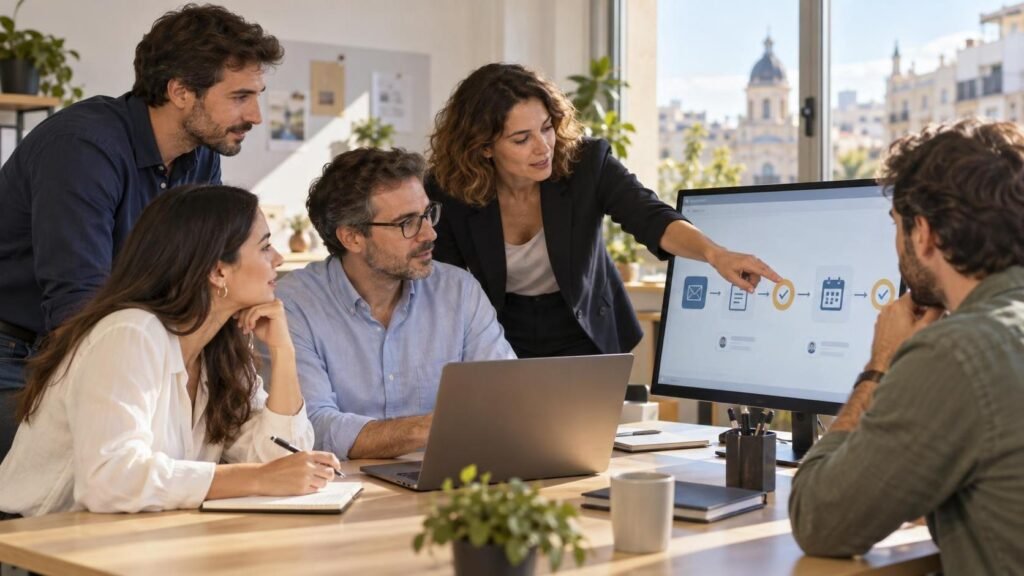 Equipo de una pyme revisando un flujo de trabajo con agentes de inteligencia artificial