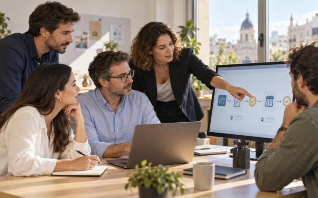 Equipo de una pyme revisando un flujo de trabajo con agentes de inteligencia artificial