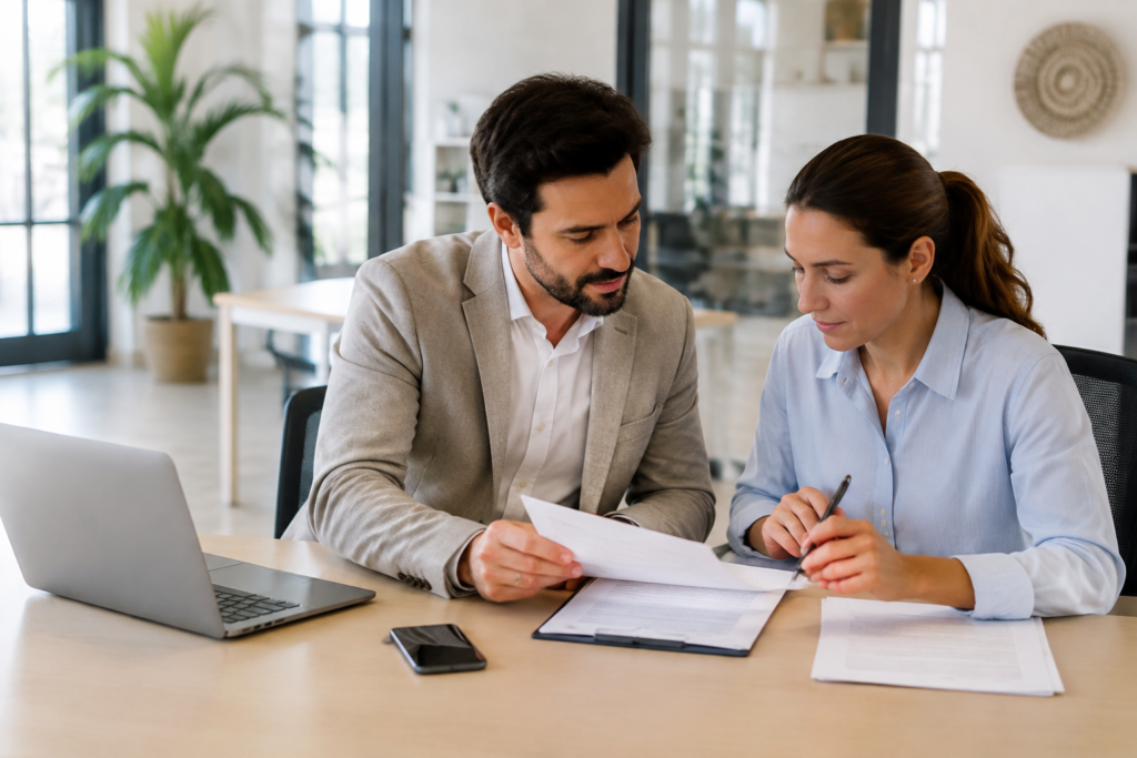 Dos profesionales revisando documentación y un portátil en una mesa de oficina, coherente con un proceso de alta de cliente ordenado