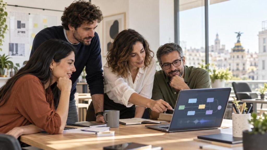 Equipo de una pyme revisando un flujo de trabajo con IA en un portátil