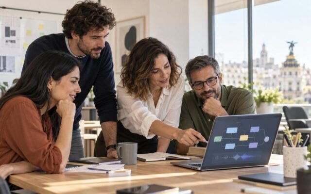 Equipo de una pyme revisando un flujo de trabajo con IA en un portátil