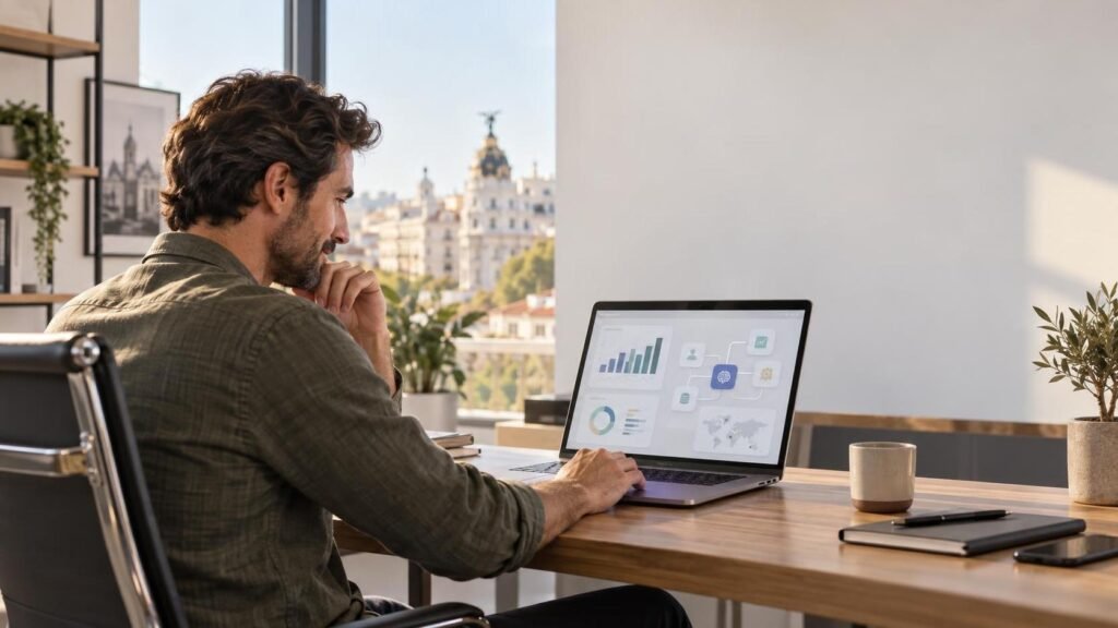 Persona responsable de una pyme revisando un flujo de trabajo con IA y datos conectados
