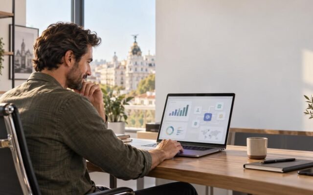 Persona responsable de una pyme revisando un flujo de trabajo con IA y datos conectados