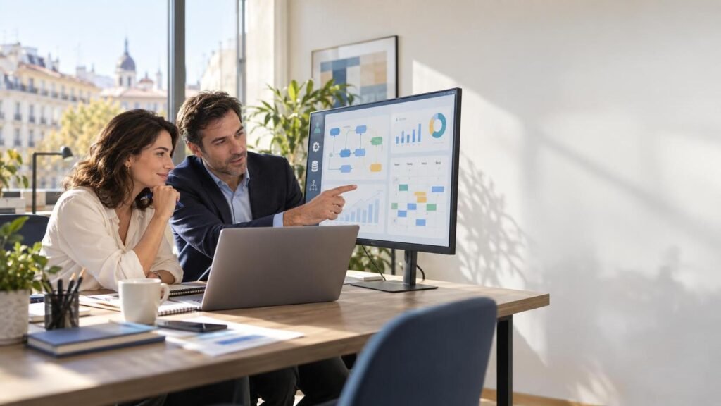 Dueño de una pyme revisando un proceso de inteligencia artificial con un consultor