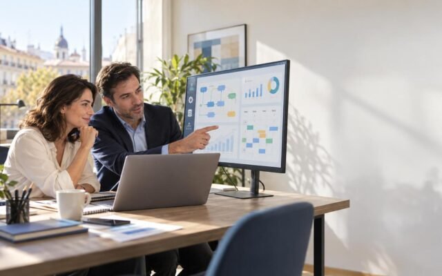Dueño de una pyme revisando un proceso de inteligencia artificial con un consultor
