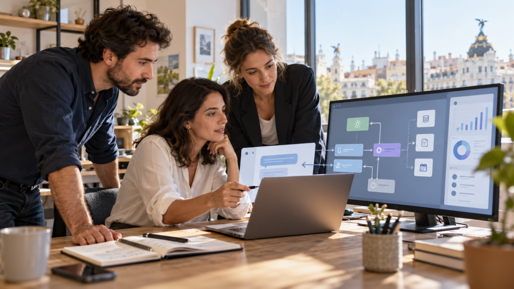 Equipo de una pyme revisando un flujo de trabajo con agentes de inteligencia artificial