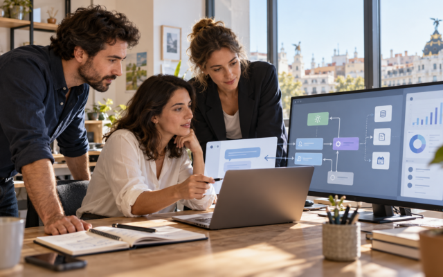 Equipo de una pyme revisando un flujo de trabajo con agentes de inteligencia artificial