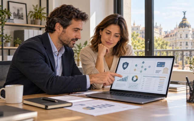 Responsable de una pyme revisando un flujo de trabajo con datos e inteligencia artificial